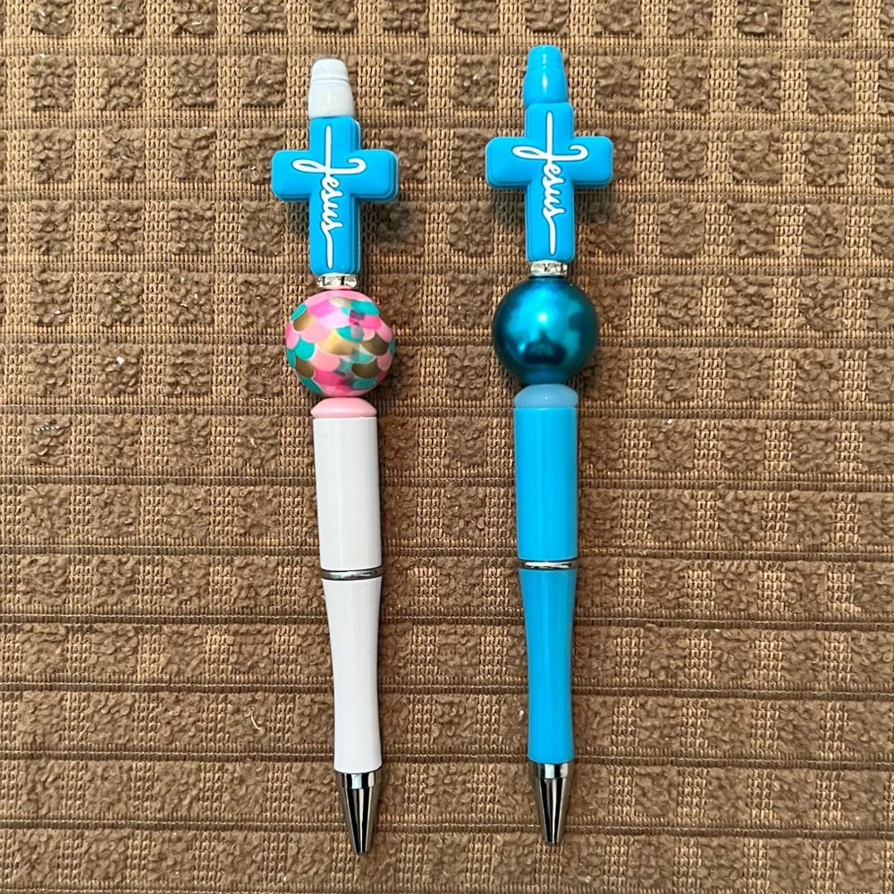 Handmade Beaded Pens. 2 Sky Blue Crosses with Jesus on them. You can get #1-#2